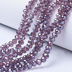 Old Rose Electroplate Glass Beads Strands, Pearl Luster Plated, Faceted, Rondelle, Old Rose, 10x8mm, Hole: 1mm, about 65~66pcs/strand, 20.8~21.2 inch(53~54cm)