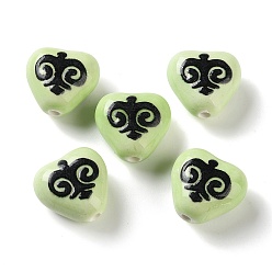 Зелено-Желтый Печатные ручной фарфоровые бусы, сердце с символами, зеленый желтый, 16~16.5x16.5~17.5x9~9.5 мм, отверстие : 1.8~2 мм