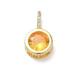 Orange Brass Pave Cubic Zirconia Pendants, Flat Round Charms, Long-Lasting Plated, Rack Plating, Lead Free & Cadmium Free, Real 18K Gold Plated, Orange, 21x12x7.8mm, Hole: 5x7mm