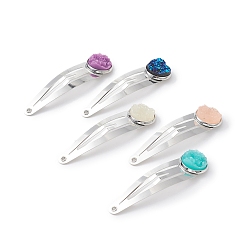 Mixed Color Iron Snap Hair Clips, with Flat Round Druzy Resin Cabochons for Woman Girls, Platinum, Mixed Color, 53x13.5x5.5mm