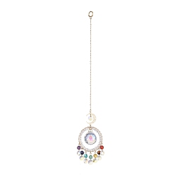 Mixed Stone Natural Gemstone Bead Pendant Decorations, Suncatchers Hanging, with Teardrop/Octagon Glass Pendants and Moon Brass Link, 245mm
