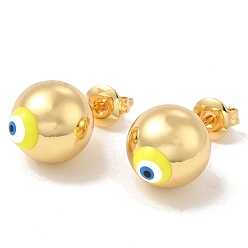 Yellow Enamel Evil Eye Stud Earrings, Real 18K Gold Plated Brass Ball Post Earrings for Women, Yellow, 12mm, Pin: 0.7mm