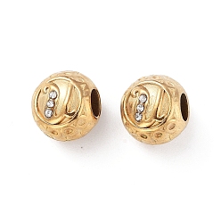 Letter U 304 Stainless Steel Rhinestone European Beads, Round Large Hole Beads, Real 18K Gold Plated, Round with Letter, Letter U, 11x10mm, Hole: 4mm