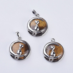 Tiger Eye Natural Tiger Eye Kitten Pendants, with Brass Findings, Flat Round with Cat & Crescent Moon Shape, Platinum, 32x27.5x10mm, Hole: 5x7mm