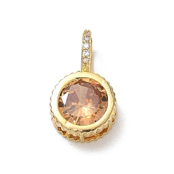Sandy Brown Brass Pave Cubic Zirconia Pendants, Flat Round Charms, Long-Lasting Plated, Rack Plating, Lead Free & Cadmium Free, Real 18K Gold Plated, Sandy Brown, 21x12x7.8mm, Hole: 5x7mm