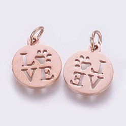 Rose Gold 304 Stainless Steel Pendants, Flat Round with Word Love, Rose Gold, 14x12x1mm, Hole: 3mm