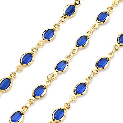 Синий Латунные стеклянные цепи с овальными звеньями, с катушкой, долговечный, пайки, без свинца и без кадмия, стойки покрытие, реальный 18 k позолоченный, синие, 13.5x5x2.5 мм