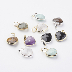 Mixed Stone Natural Gemstone Pendants, with Brass Findings, Faceted, Heart, Mixed Color, 14~15x12~12.5x4.5~5.5mm, Hole: 4x6mm