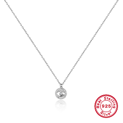 Platinum Rhodium Plated 925 Sterling Silver Evil Eye Pendant Necklaces, with Clear Cubic Zirconia, Platinum, 15.35 inch(39cm)