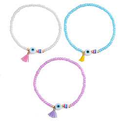 (52) Непрозрачная лаванда 3 шт. наборы эластичных браслетов из стеклянного бисера с символом «злого глаза», браслеты с кисточками и подвесками для женщин, разноцветные, внутренний диаметр: 6.89 дюйм (17.5 см)