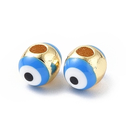 Dodger Blue Evil Eyes Brass Enamel Beads, Cadmium Free & Lead Free, Real 18K Gold Plated, Oval, Dodger Blue, 7x5.5mm, Hole: 2mm