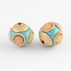 Pale Turquoise Round Handmade Indonesia Beads, with Alloy Cores, Golden, Pale Turquoise, 14~16x14~16mm, Hole: 1.5mm