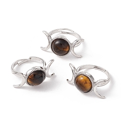 Tiger Eye Natural Tiger Eye Moon Adjustable Ring, Brass Jewelry for Women, Platinum, Cadmium Free & Lead Free, Inner Diameter: 17.1~20mm