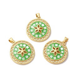 Зеленый лайм Стойки обшивки латунь кубического циркония подвески, с эмалью и ракушкой, долговечный, без свинца и без кадмия, реальный 18 k позолоченный, плоские круглые с цветком, зеленый лайм, 26x23x4 мм, отверстие : 5x4 мм