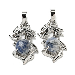 Содалитовое Природные подвески содалитом, Подвески-драконы со стойкой, латунная фурнитура, платина, без кадмия и без свинца, 31x18x8~10 мм, отверстие : 5x8 мм