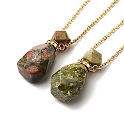Unakite Openable Faceted Natural Unakite Perfume Bottle Pendant Necklaces for Women, 304 Stainless Steel Cable Chain Necklaces, Golden, 18.54 inch(47.1cm)