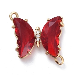 Red Glass Links Connectors, with Brass Micro Pave Cubic Zirconia, Faceted, Butterfly, Light Gold, Red, 20x20x4mm, Hole: 1.5mm