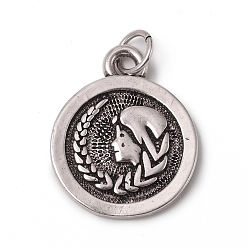 Virgo Brass Pendants, with Jump Rings, Long-Lasting Plated, Flat Round with 12 Constellation/Zodiac Sign, Antique Silver, Virgo, 18.5x15x2mm, Jump Ring: 5x0.7mm, Inner Diameter: 3.6mm