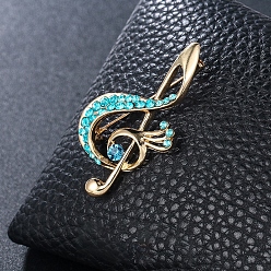 Aquamarine Rhinestone Music Note Brooch Pin, Light Gold Alloy Badge for Backpack Clothes , Light Gold, 47x26mm