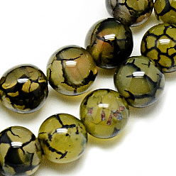 Dark Khaki Natural Dragon Veins Agate Beads Strands, Dyed, Round, Dark Khaki, 8mm, Hole: 1mm, about 48pcs/strand, 14.96 inch