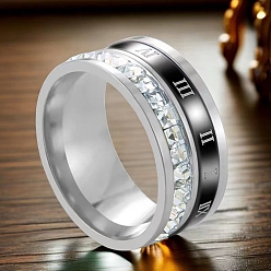 Stainless Steel Color Titanium Steel Rhinestone Finger Rings for Women Men, Roman Numerals, Stainless Steel Color, US Size 5(15.7mm)