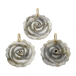 Labradorite Natural Labradorite Pendants, Flower Charms, with Brass Pave Cubic Zirconia Findings, Golden, 34.5~35x34~35x9mm, Hole: 6.5x9mm