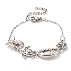 Platinum Shell & Starfish & Turtle Alloy Charm Bracelet for Women, Platinum, 8-3/8 inch(21.2cm)
