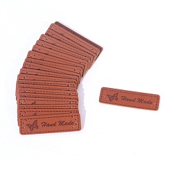 Butterfly Imitation Leather Labels, Handmade Embossed Tag, with Holes, for DIY Jeans, Bags, Shoes, Hat Accessories, Rectangle with Word Handmade, Saddle Brown, Butterfly Pattern, 15x50mm