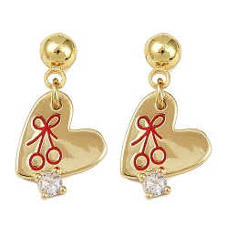 Настоящее золото 18K Серьги-гвоздики в форме сердца из латуни с прозрачным фианитом и прозрачным фианитом, с эмалью, без кадмия и без свинца, стойки покрытие, долговечный, реальный 18 k позолоченный, вишня, 22.5x12.5 мм