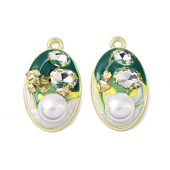 Green Rack Plating Alloy Enamel Pendants, with Resin, ABS Imitation Pearl Beads, Rhinestone and Glass Beads, Cadmium Free & Nickel Free & Lead Free, Oval, Green, 34x20x9mm, Hole: 2.5mm