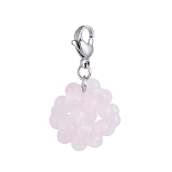 Rose Quartz Natural Rose Quartz Cluster Beads Pendants, with 304 Stainless Steel Lobster Claw Clasps, Round, Stainless Steel Color, 33mm