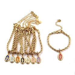 Mixed Color Alloy Enamel Oval with Virgin Mary Charm Bracelets, with Stainless Steel Rope Chains and Cubic Zirconia, Golden, Mixed Color, 6-3/4 inch(17cm)