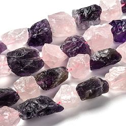 Quartz Rose Brins bruts bruts de perles de quartz rose et d'améthyste, nuggets, 14~21x13~23x8~15mm, Trou: 1.6mm, Environ 24 pcs/chapelet, 15.55'' (39.5 cm)