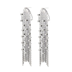 Real Platinum Plated Clear Cubic Zirconia Coreana Chains Tassel Dangle Stud Earrings, Brass Long Drop Earrings for Women, Nickel Free, Real Platinum Plated, 73x15mm, Pin: 0.7mm