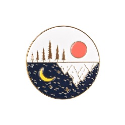 Golden Creative Zinc Alloy Brooches, Enamel Lapel Pin, with Iron Butterfly Clutches or Rubber Clutches, Electrophoresis Black Color, Flat Round with Sun & Moon Pattern, Golden, 30.5x30.5mm, Pin: 1mm