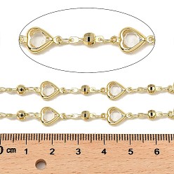 Light Gold Rack Plating Heart & Round Brass Link Chains, with Clear Glass, Long-Lasting Plated, Soldered, with Spool, Light Gold, heart: 12.5x7.5x2.5mm, about 32.81 Feet(10m)/Roll