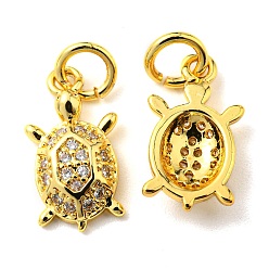 Real 18K Gold Plated Rack Plating Brass Micro Pave Cubic Zirconia Charms, with Jump Ring, Tortoise, Real 18K Gold Plated, 14x7.5x2.8mm, Hole: 3.2mm