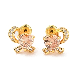 Персиковый Слойка Серьги-гвоздики из латуни с микропаве из кубического циркония, долговечный, цветок, платина, розовые, 10x10.5 мм