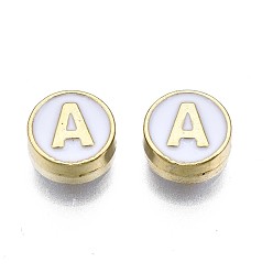 Letter A Alloy Enamel Beads, Cadmium Free & Lead Free, Light Gold, Flat Round with Alphabet, White, Letter.A, 8x4mm, Hole: 1.5mm