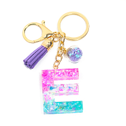 Letter E Resin Keychains, Tassel Keychain, Glass Ball Keychain, with Light Gold Tone Plated Iron Findings, Alphabet, Letter.E, 11.2x1.2~5.7cm
