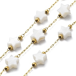 Golden Natural Shell Star Beaded Link Chains, with Ion Plating(IP) Golden 304 Stainless Steel Paperclip Chains, Soldered, with Spool, Golden, 6x6x3mm, about 32.81 Feet(10m)/Roll