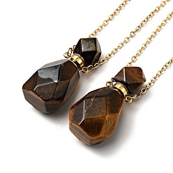 Tiger Eye Openable Faceted Natural Tiger Eye Perfume Bottle Pendant Necklaces for Women, 304 Stainless Steel Cable Chain Necklaces, Golden, 18.54 inch(47.1cm)