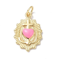 Pearl Pink Eco-Friendly Rack Plating Brass Enamel Pendants, Real 18K Gold Plated, with Jump Ring, Sacred Heart of Jesus Charm, Pearl Pink, 19.5x13x3mm, Jump Ring: 5x0.8mm, 3.4mm Inner Diameter