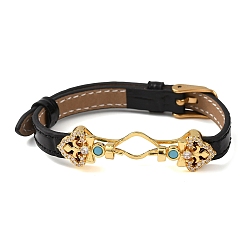 Черный Регулируемый браслет из коровьей кожи для изготовления бусин, с фурнитурой в виде цветов из латуни, инкрустированной микрофиброй и синтетическим бирюзовым камнем, и застежками из нержавеющей стали., золотые, чёрные, пригодный для 304 мм бусы, 11 дюйм (9.61 см)