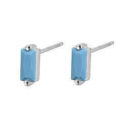 Sky Blue Cubic Zirconia Rectangle Stud Earrings, Silver 925 Sterling Silver Post Earrings, with 925 Stamp, Sky Blue, 7.8x3mm