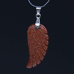 Goldstone Synthetic Goldstone Pendants, with Platinum Tone Brass Findings, Wing, 35x17mm