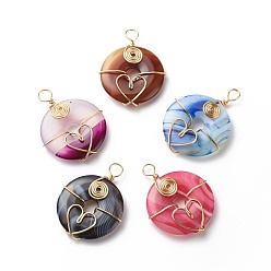 Real 18K Gold Plated Natural Striped Agate/Banded Agate Pendants, Dyed, with Eco-Friendly Copper Wire Wrapped, Donut/Pi Disc Charm, Mixed Color, Real 18K Gold Plated, 38.5x31x6.5mm, Hole: 4.5mm