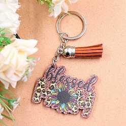 Pale Violet Red Glitter Word Blessed Mom with Sunflower Acrylic Pendant Keychain, with Tassel and Iron Findings, for Mother's day Gift Keychain, Pale Violet Red, 3.8x5cm