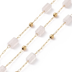 Rose Quartz Natural Rose Quartz Rectangle Beaded Chains, with Golden 304 Stainless Steel Findings, Unwelded, 4~4.5x2~2.5x2~2.5mm