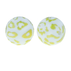Yellow Round with Leopard Print Pattern Food Grade Silicone Beads, Silicone Teething Beads, Yellow, 15mm
